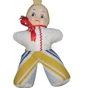 Vintage 1940-50s Carnival Prize Doll Celluloid Face Side Glance Stuffed Signed